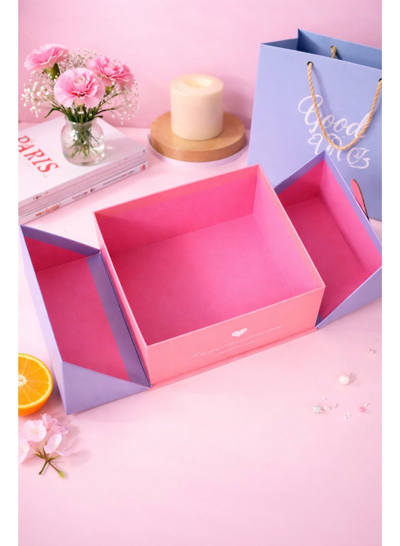 دائرة مربعة علبة هدايا فاخرة بتدرج أزرق ووردي مع إغلاق مغناطيسي وملصق قلب – صندوق تغليف أنيق للهدايا لعيد الميلاد، الأعراس، المناسبات ورمضان - Image 2